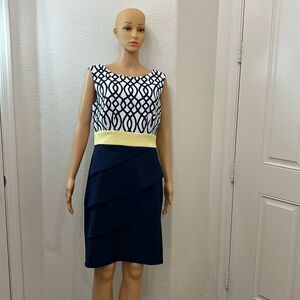 Connected Apparel Woman’s Dress Sz 10 Boat Neck Sleeveless Tiered Midi Navy Blue